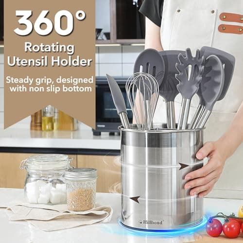 Hillbond 7.5x6.9 Inch EXTRA LARGE Utensil Holder for Countertop, Stainless Steel Rotating Organizer with Removable Divider, Space-Saving for Large Kitchen Utensils Set & Spacious Kitchens 5