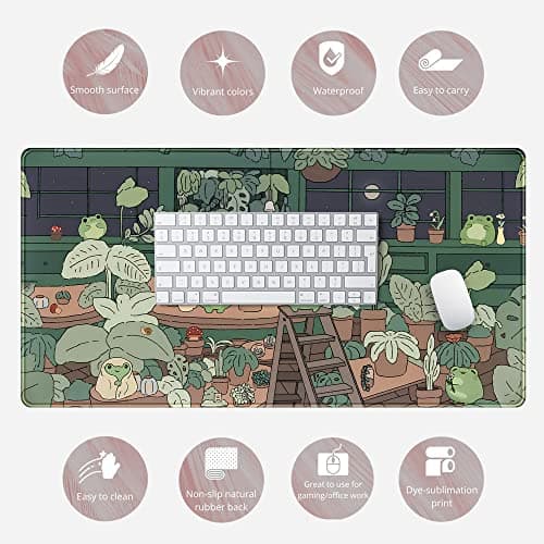 Cute Frog Kawaii Green Desk Decor Mat, Large Gaming Mouse Pad for Computer Keyboard Laptop, Home Office Accessories for Girl (31.5x15.7 in)-with Stitched Edges Pad 6