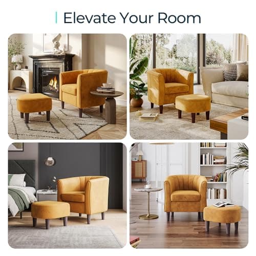 LINSY Accent Chair with Ottoman, Modern Barrel Chair Comfy Armchair Reading Chair with Footrest, Round Arms Chair for Living Room Bedroom Reading Room, Velvet, Yellow 6