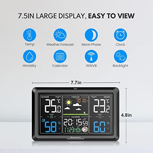 Newentor Weather Station Wireless Indoor Outdoor, Indoor Outdoor Thermometer Wireless, 7.5" Home Weather Stations with Atomic Clock, Temperature Humidity Gauge, Weather Forecast and Barometer, Black 5