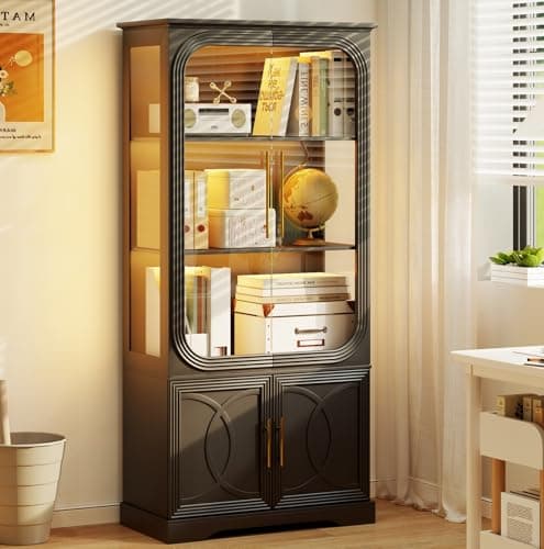 Lareth Display Curio Cabinet with Glass Doors, 69 in Tall Bookcase with LED Lights, Storage Cabinet|Kitchen Pantry Cabinet, 5 Tier Glass Display Case for Living Room, Home Office, Black