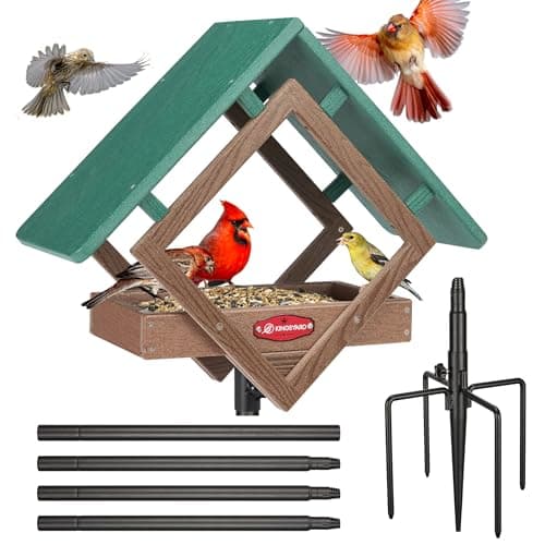 Kingsyard Large Platform Bird Feeder with Metal Mesh Tray, Pole Mount Adjustable Bird Feeders with Weather Protective Top, 4 lbs Seed Capacity, Brown