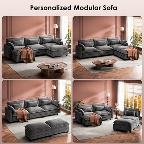 Marsail Modular Sectional Sofa 110.6" U-Shaped Modern Comfy Cloud Couch, 5-Seat Chenille Deep Seat Sofa with Throw Pillow & Movable Ottoman for Living Room, Bedroom and Apartment, Grey 7