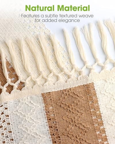 Pureegg Farmhouse Boho Table Runner - 60 Inches, Linen-Textured Woven Tassel Design for Dining Table Decor, Kitchen, Coffee Table & Living Room, 12 x 60 Inch, Brown 5