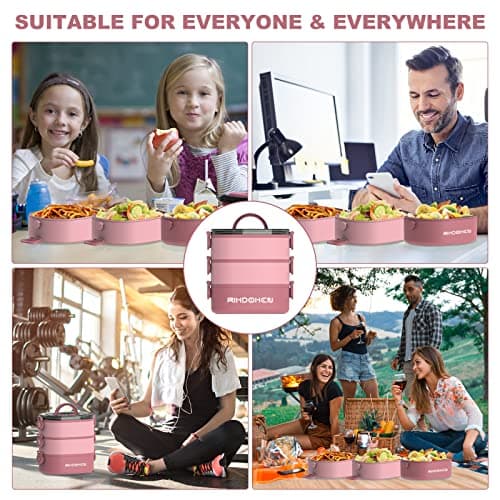RIKDOKEN Lunch Box, Stackable 3 Layers Containers, Portable 94OZ Large Capacity Leakproof Bento Box with Spoon & Fork & Sauce Boxes, Microwave Safe Lunch Box for Kids and Adults 6