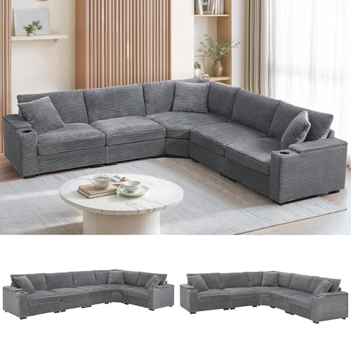 Merax 106" Corduroy Sectional Corner Sofa with Cup Holders & USB Charger, 5 Seat Convertible L Shaped Couch Set with Armrest Storage, Oversized Comfy Modular Sofabed for Living Room & Apartment, Gray