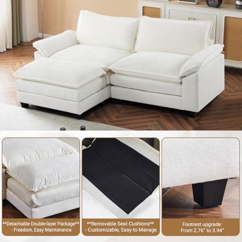VINGLI 87" Convertible Sectional Sofa,L-Shaped Deep Seat Sofa Couch for Living Room,Modern 2-Seat Loveseat Sofa with Ottoman for Small Space(Creamy White, 87") 5