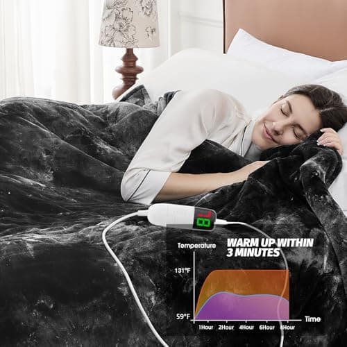 greenoak Heated Electric Blanket Throw, Faux Fur Sherpa Heating Blanket for Sofa Bed, Warm Winter Gifts for Women/Men, Heater Lap Blankets 5-Position Timer &10 Heating Levels 50''*60" Black 6