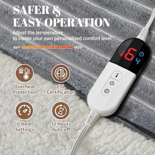 Easthome Electric Heated Blanket Queen Size Dual Control - 84"x90" Fast Heating Bed Blankets with 6 Heating Levels & 10 Hours Auto Off, Soft Ribbed Flannel, Over-Heat Protection ETL, Light Gray 5