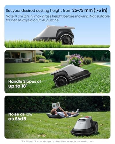 eufy Robot Lawn Mower E15, Hands-Free Auto Mapping, Pure Vision Navigation, No Wire Required, Multi-Zone Management, AI 3D Obstacle Avoidance, GPS Anti-Theft, 0.2 Acres, 18° Slope, App Control 8
