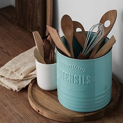 DOWAN 7.2″ Extra Large Kitchen Utensil Holder - Farmhouse Utensil Holder for Countertop - Ceramic Utensil Crock with Protection Cork Mat - Kitchen Decor & Housewarming Gift (Turquoise) 6