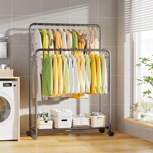 Simple Trending Clothing Clothes Rack Double Rods with Wheels, Rolling Metal Garment Rack for Hanging, Black 4