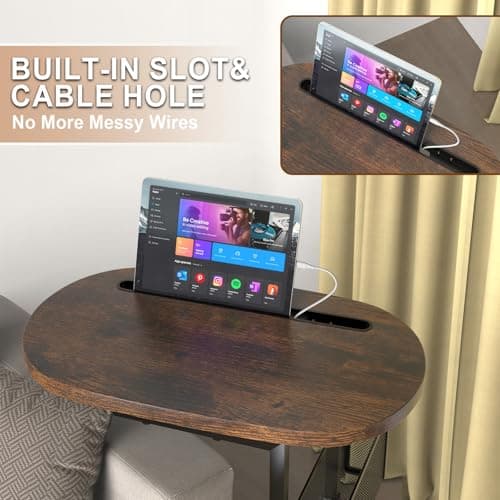 Fashion TV Tray Table with Large Tabletop, Adjustable Sofa Table with Storage Baskets, Strong Metal Frame, Tv Dinner Tray Table for TV Watching, Meals, Snacks (Oval, Brown, 16.93inch x 12.6inch) 5