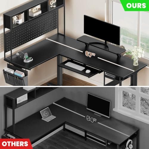 Flycity Electric L Shaped Standing Desk Adjustable Height, 67" x 47" Corner Computer Desk with Host Shelf, Gaming Desk with LED Lights & Power Outlet, Dual Motor Home Office Desk with Storage, Black 8