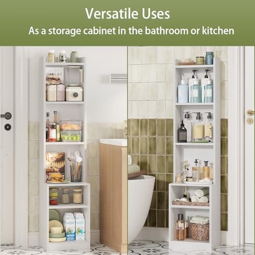 Furologee 6 Tier Bookshelf with Drawer, White 53" Tall Narrow Bookcase, Corner Open Cube Shelves, Modern Wood Floor Standing Rack, Display Storage Shelf for Living Room, Bedroom, Office, Bathroom 7