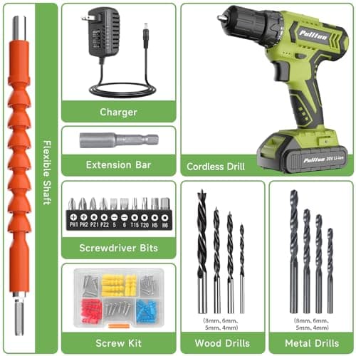 PULITUO Cordless Drill Set - 20V Electric Power Drill with Battery and Charger, 30N Torque, 21+1 Torque Settings, 2 Variable Speeds, includes a 43-pcs Drill Driver Bits Kit and Screws Set (Green) 6