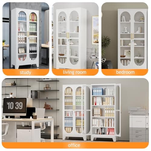 PAOFIN 71" H Locking Display Cabinet with Glass Door, Metal Curio Cabinets with 4 Adjustable Shelves, Tall Liquor Cabinet Display Case for Living Room, Collectibles, Home - Assembly Required White 7