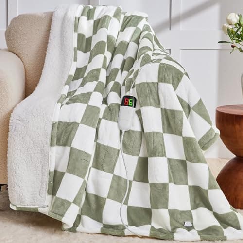 Sage Green Heated Throw Blanket Electric, 50X60 Heating Blanket with 10 Heat Levels & 8 Hours Auto Off for Lap, Checkered Plaid Soft Sherpa Blankets Warmer Gifts for Couch Grandma Women Adults