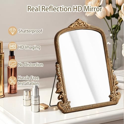 2026 Spring Women's Gifts Small Vintage Vanity Makeup Desk Mirror Antique Traditional Chic Arch Table Mirror Gold，Decor Wood Carved Mirror for Living Room,Bedroom,Tabletop 11.8" x 9.6" 5