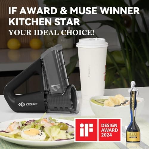 KEOUKE Electric Handheld Salad Shooter Black - Cordless Rechargeable Kitchen Vegetabler Cutter One Touch Control, Slicing, Shredding, Ice Shaving, 4 Blades, Dual Storage Cups, Overheat Protection 5