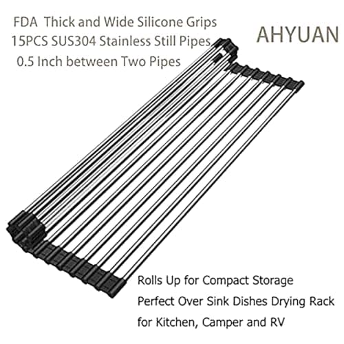 Ahyuan Roll up Dish Drying Rack Over The Sink Kitchen Roll up Sink Drying Rack Stainless Still Portable Drainer Foldable Dish Rack (Black, 17.8''X11.8'') 8