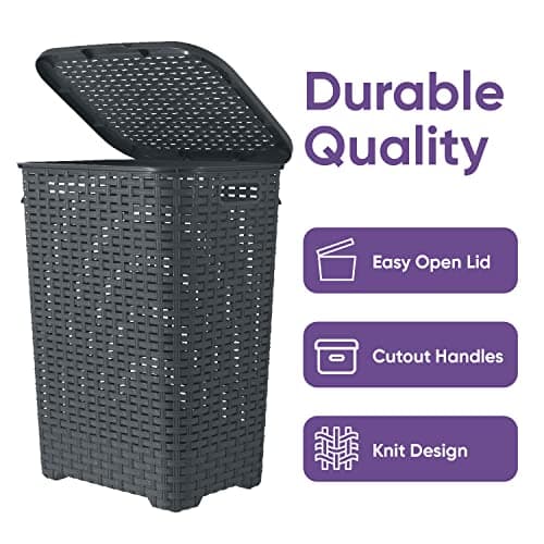 Plastic Laundry Hamper with Lid Laundry Hamper Basket, Grey Tall Cloths Hamper Organizer with Cut-out Handles. Space Saving for Laundry Room Bedroom Bathroom, Wicker Design 60 Liter 8