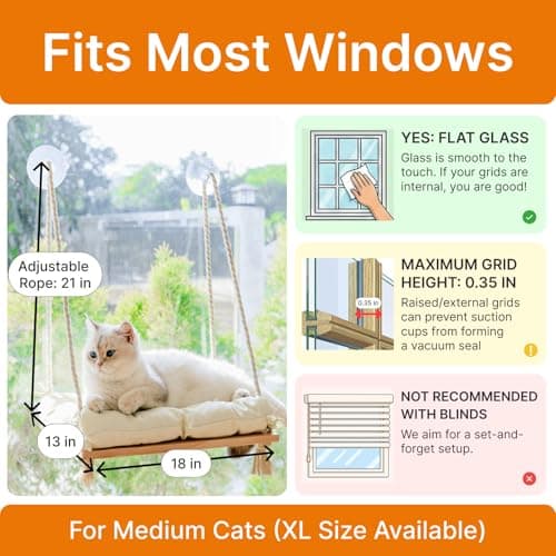 Cat Window Perch with Industrial-Grade Suction Cups - Solid Pine Wood Hammock Bed, Soft Cushion - 42 lb Capacity for Cats Inside 7
