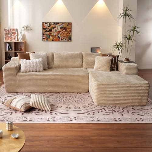 ovios 104" Cloud Boneless Couch with L-Shape Chaise,Modern Sectional Modular Sofa with Deep Seat, Upholstered Couches for Living Room Bedroom,No Assembly Required, Beige (Plush Corduroy Fabric)