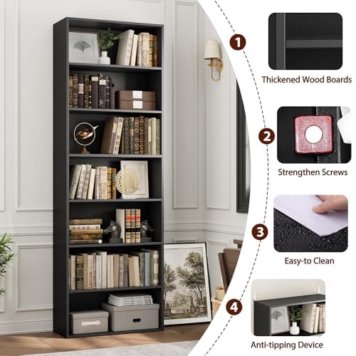 FACBOTALL 82" Tall Bookshelf, 7-Tier Open Shelves Bookcase, Freestanding Display Storage Shelves, Tall Bookcase Home Decor Furniture for Home Office, Living Room, Bedroom, Black 6