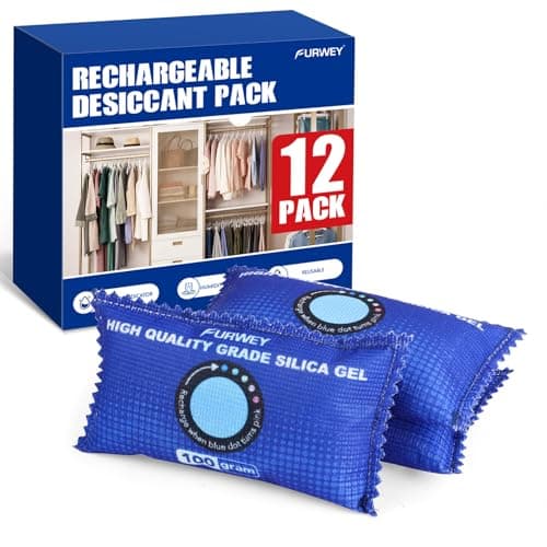 FURWEY 12 Pack Rechargeable Desiccant Packs, 100g Each, Blue, Color Indicating Silica Gel Dehumidifier Bags for Storage, Closets, Cars, Bins