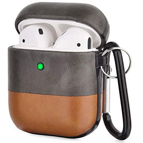 V-MORO Compatible with Airpods Case, Genuine Leather Airpods Case with Keychain for Airpods 2 & 1, Front LED Visible, Protective Cover Skin Mixcolor Gray/Brown