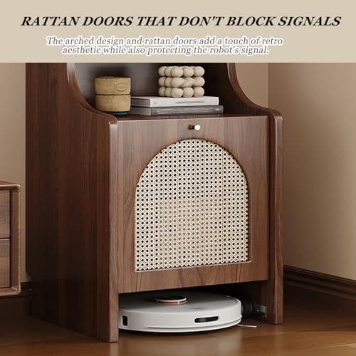 OQTUHWM Robot Vacuum Cabinet, End Side Table with Adjustable Shelf, Mobile Vacuum Hidden Cabinet with Wheels, Wood Organizer Stand for Living Room, Home Office Walnut 19.7 * 17.7 * 35.4in 6