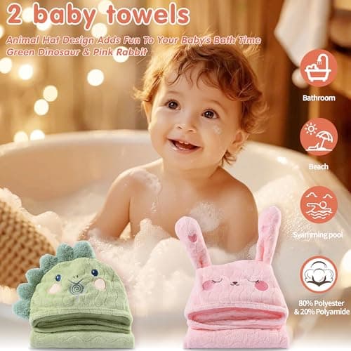 BEFACL Hooded Towel for Kids, 2 Pack Ultra Soft Coral Fleece Kids Bath Towels, Absorbent Toddler Towels with Hood Age 0-10 Years for Infant, Kids - Large 27.5 X 55 inch (Pink Rabbit & Green Dinosaur) 7