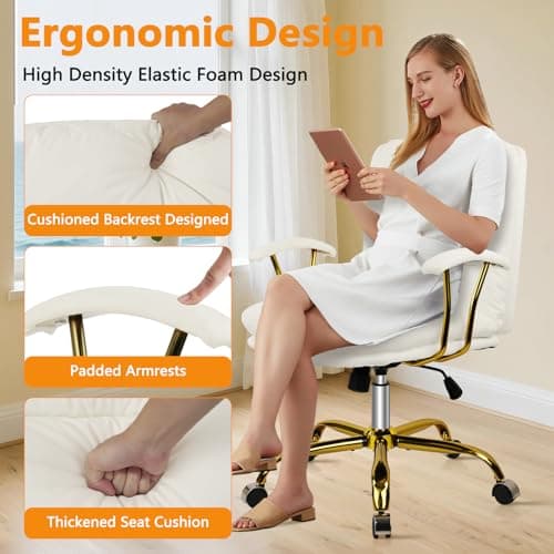 KLASIKA Leather Home Office Desk Chair, Mid-Back Vanity Chair Make Up Chair with Gold Wheels & Removable Armrests, Rolling Swivel Computer Task Chair for Office Bedroom Living Room Girls Women, White 8