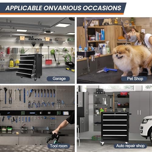 SumKea 5 Drawer Rolling Tool Chest, Rolling Tool Chest with Drawers, Rolling Tool Cabinet, with Key Locking and Parking Brake, Suitable for Garages, Warehouses, Workshops, Repair Shops, Black 7