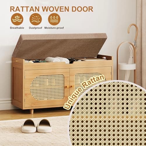PETKABOO Rattan Shoe Storage Bench,Bamboo Entryway Bench, 2-Tier Shoe Rack,35.4" W x 12.6" D x 19.7" H with 2 Doors & Padded Seat Cushion for Entryway, Living Room, Bedroom, Natural 7