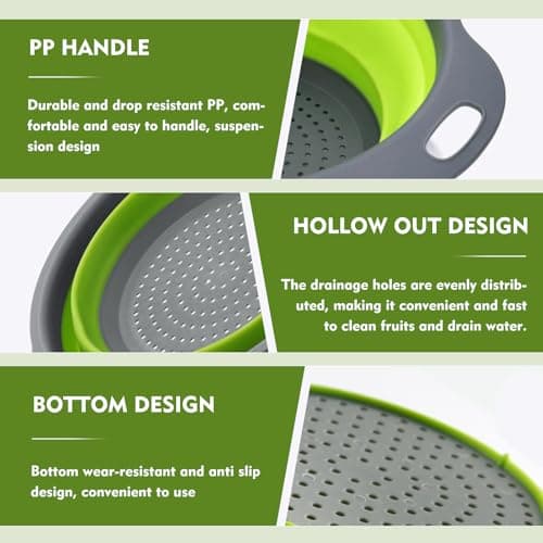 Silicone Colander Collapsible Strainers Set for Kitchen- 3 Pack (3Qt, 4Qt,5Qt) -Over Home Draining Basket, Food Vegetables & Fruits-Dishwasher Safe, BPA Free Space Saving Design (Green,Blue,Red) 4