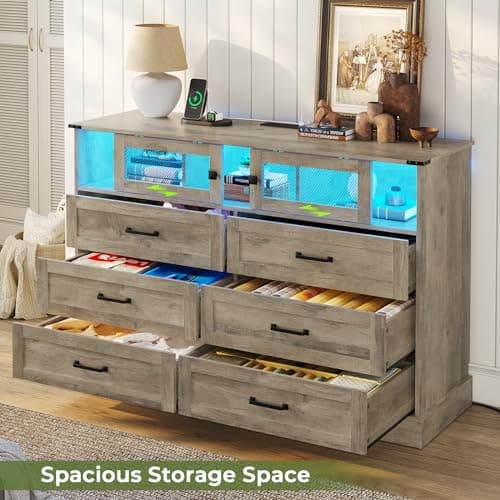 Hasuit 6 Drawer Dresser with LED Lights and Charging Station, Farmhouse Chest of Drawers Closet Organizer, Clothes Storage Cabinet Double Dressers for Bedroom, Living Room, Hallway, Rustic Oak 5