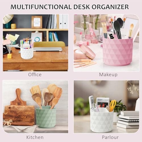 Nuozme Desk Organizer, 360-Degree Rotating Pencil Pen Holders For Desk, Diamond Pattern Pen Organizer With 5 Compartments, Cute Desk Accessories Decor For Office, School,Home,Art Supply (White) 6