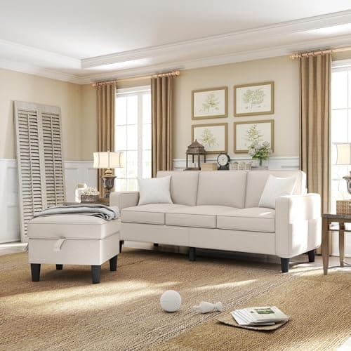 ZeeFu Couch for Living Room - 78'' Beige Linen 3 Seat L-Shaped Sectional Sofa Couches with Storage Ottoman - Modern Small Space Upholstered Furniture Sofa Set for Office Small Space Apartment