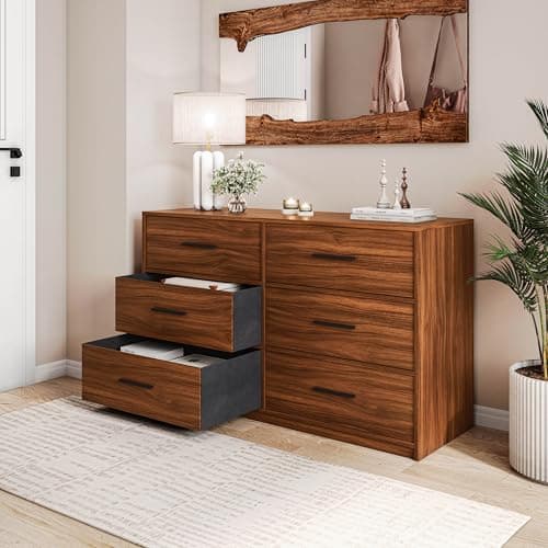 Modern 6-Drawer Dresser with Spacious Storage,Sturdy Wood Frame, and Large Capacity Drawers, Dressers for Bedroom, Home Organization Storage for Living Room or Hallway, Walnut 2