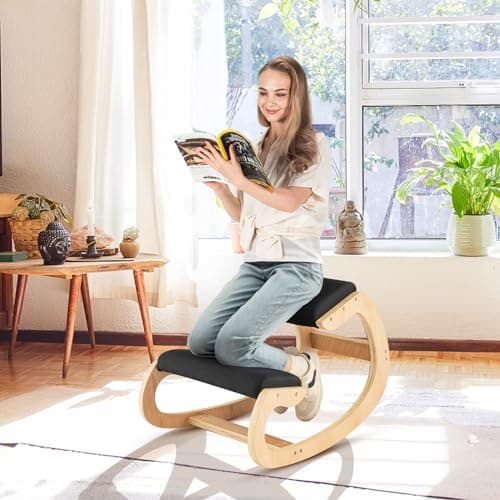 Giantex Ergonomic Kneeling Desk Chair, Rocking Knee Chair with Cushion & Solid Wood Frame, Natural Relief for Neck or Back Pain, Posture Chair for Desk, Home, Office, Max Load 330 Lbs (Black)
