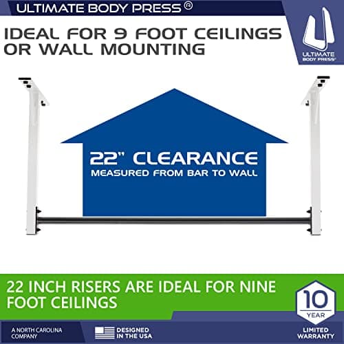 Wall or Ceiling Mount Pull Up Bar with 48” Straight Bar and 22” Risers, Double Wall Mounting Plates Fit 16” or 24” Studs and Joists by Ultimate Body Press 6