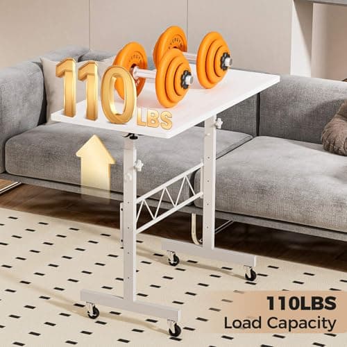 COMHOMA Small Standing Desk Adjustable Height & Tiltable Tabletop, Mobile Stand Up Desk for Laptop, Portable Computer Table for Home Office Work and Walking Pad Treadmill, Height 30.7"-46.4", White 8