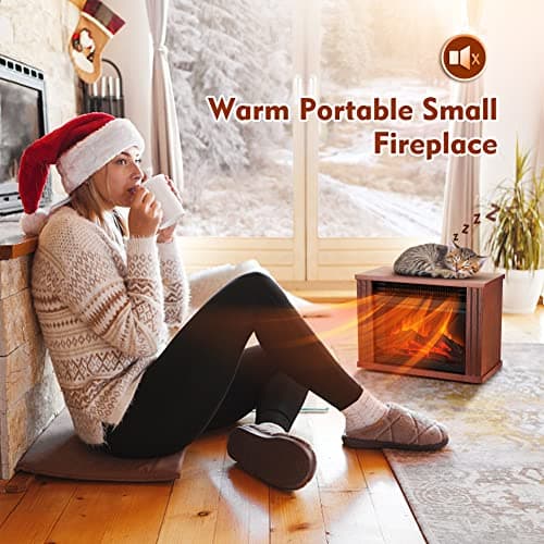 Small Electric Fireplace Heater, LifePlus Mini Wooden Space Tabletop Fireplace with 3D Realistic Flame Effect, Cool and Safe to Touch, Perfect for Study Bedroom Office, Overheating Protection, 1500W 5