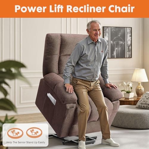 Sweetcrispy Power Lift Recliner Chair with Vibration Massage and Heat for Adults, Ergonomic Overstuffed Breathable Fabric Reclining Chair with Side Pockets, Remote Control, Living Room, Bedroom, Brown 6