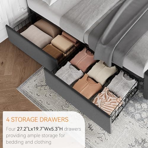 IDEALHOUSE Full Size Bed Frame with 4 Storage Drawers and Adjustable Headboard, Upholstered Mattress Foundation with Skin-Frienly Linen, No Box Spring Needed, Dark Grey (Full) 5