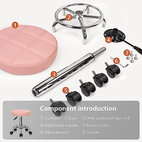 KKTONER Round Rolling Stool Chair PU Leather Height Adjustable Swivel Drafting Work SPA Shop Salon Stools with Wheels Office Chair Small (Pink) 7
