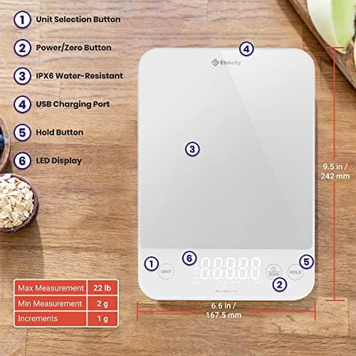 Etekcity Food Kitchen Scale, 22lb Digital Weight Scale Grams and Ounces Rechargeable Waterproof Tool for Weight Loss, Cooking, Baking, Meat, Bread, Large 0.05oz/1g Accuracy 7