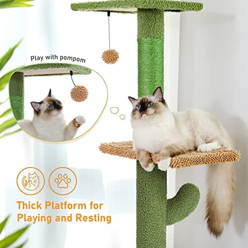 PAWZ Road Cat Tree, Cactus Floor to Ceiling Cat Tower with Adjustable Height(95-108 Inches), 5 Level Cat Climbing Tower with Cozy Hammock, Platforms and Dangling Balls for Indoor Cats 6
